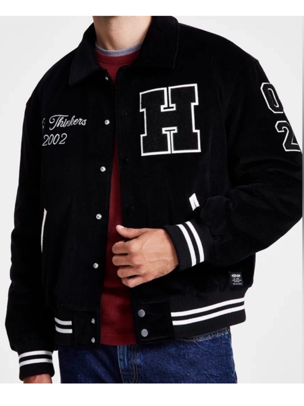 Hudson Jeans Black Corduroy Letterman Jacket with White Piping